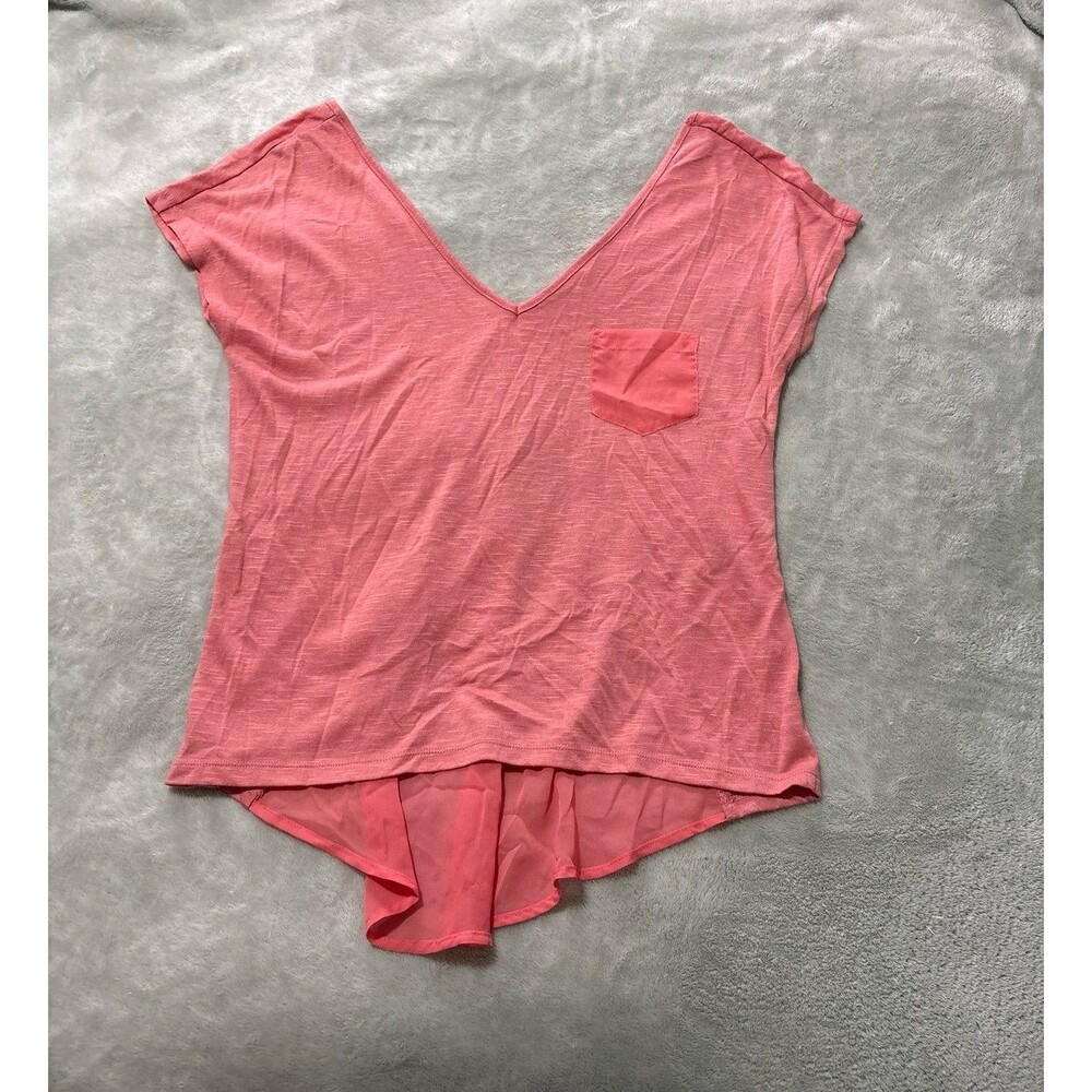 Womens pink vneck short sleeve pocket blouse top mesh open back Y2K millennial